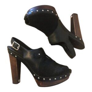 UGG Heels Women's Size 8.5 Black Leather Studded CALF HAIR Nicco Shoes Peep Toe